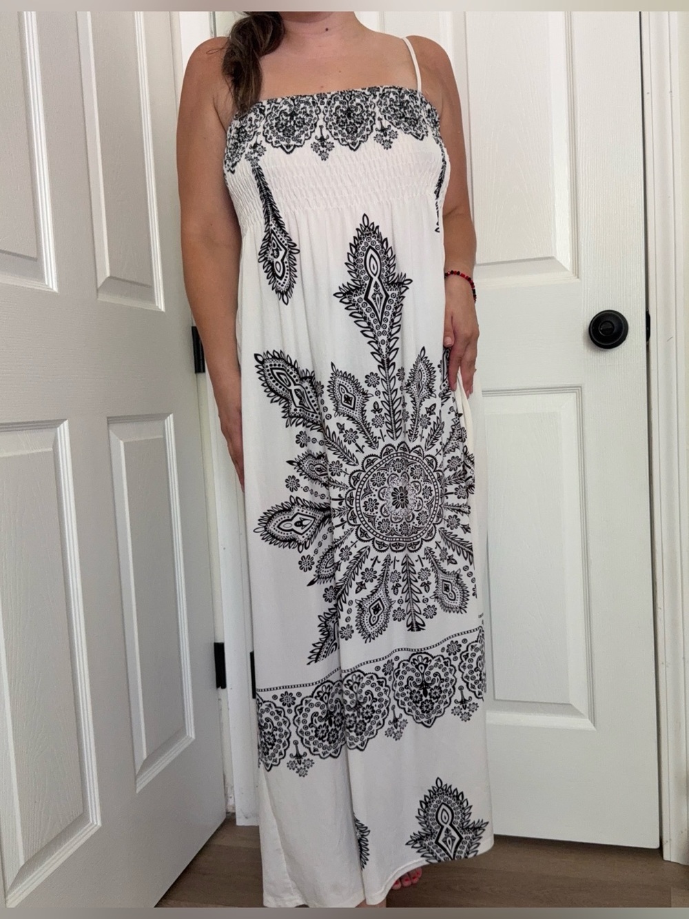 India Boutique White Maxi Dress with Black Mandala Pattern